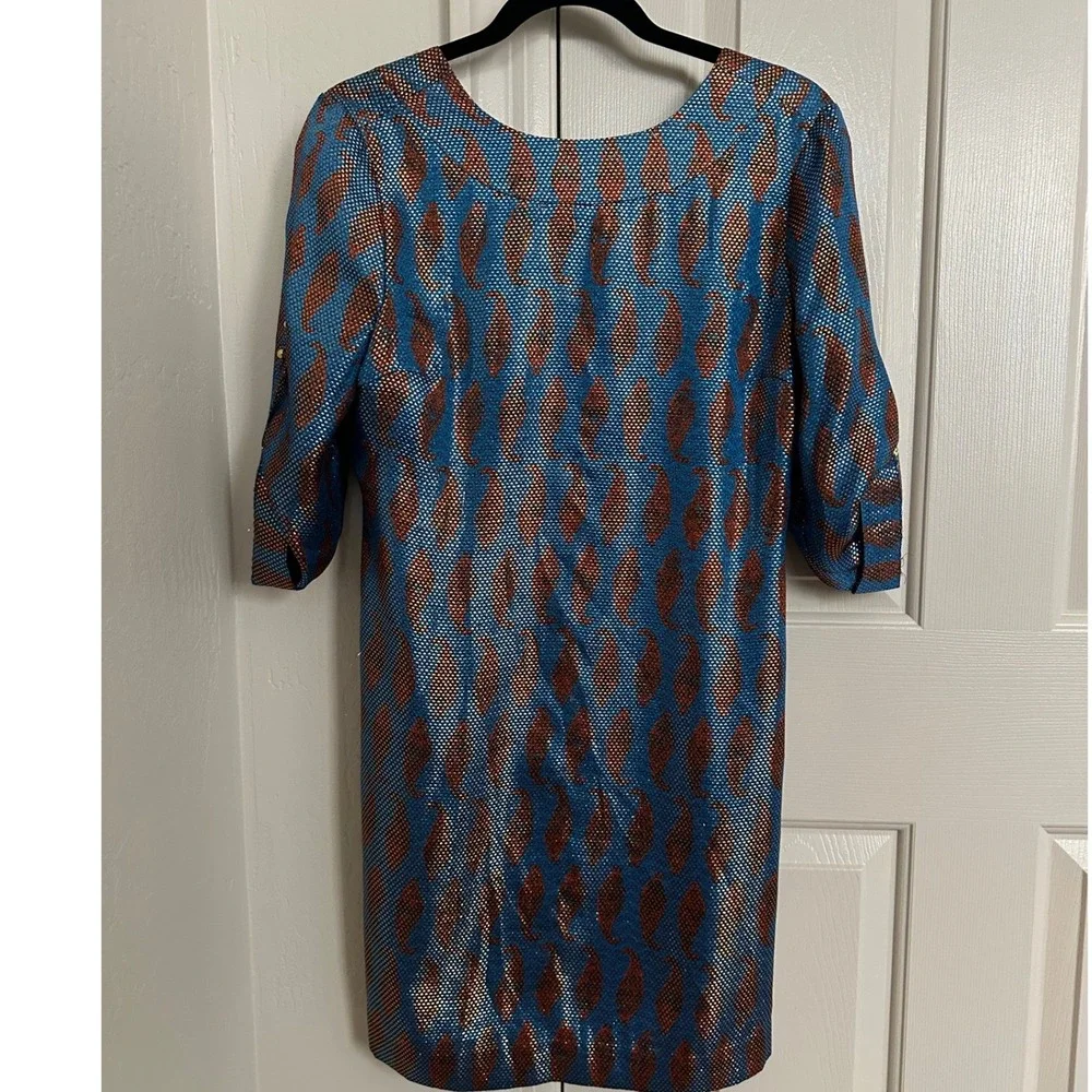 NWT Tory Burch Judith Silk Metallic Paisley Shift Dress in Indian Ocean - Size 6